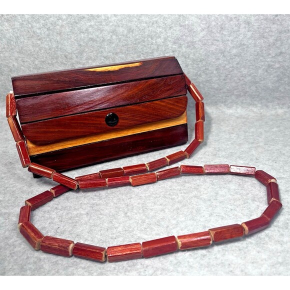 Vintage 70s Wooden Slat Shoulder Bag Small Size Two Tone Lined Snap Button Boho - Picture 1 of 15